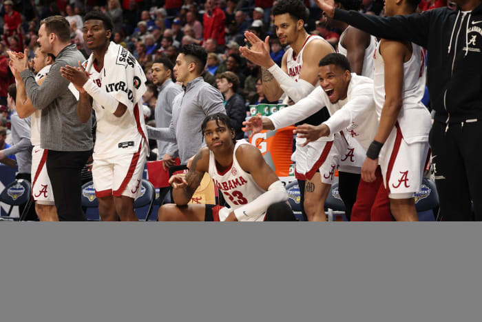 Alabama bench during win over Missouri in 2023 SEC Tournament semifinals